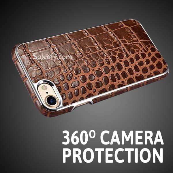 iPhone 7 Electroplating Alligator Embossed Genuine Leather Back Case Cover - Brown